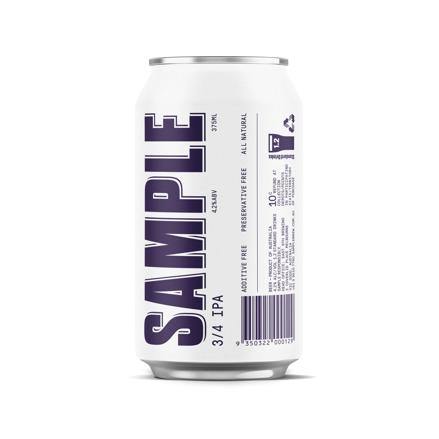 Side view of a 3/4 IPA Sample Brew beer can
